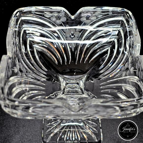 Vintage Hand Cut Frosted Etched Floral Crystal Square Pedestal Compote Dish - Picture 6 of 16
